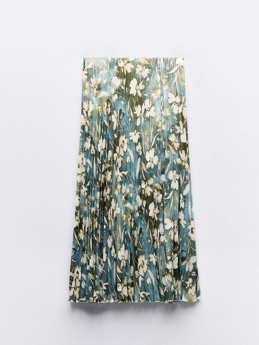 Zara Blue and Cream Floral Pleated Midi Skirt